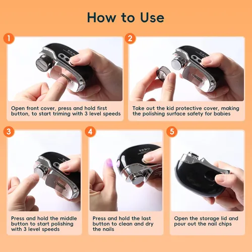 Miniatura 6 de Cortaúñas eléctrico 3 en 1 con luz y 3 velocidades, recortadora de uñas, pulidora y almacenamiento de clips, lima de uñas automática recargable por