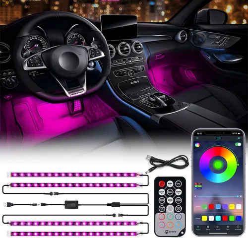 Miniatura 10 de Xprite Tiras de luz LED RGB con Bluetooth para interior de auto con control remoto caja de control sellado de silicona para espacio para pies debajo