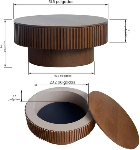 Miniatura 2 de Mesa de centro redonda con almacenamiento, moderna mesa de centro de madera con chapeado de madera maciza, mesa central circular mesa de té de 31.5