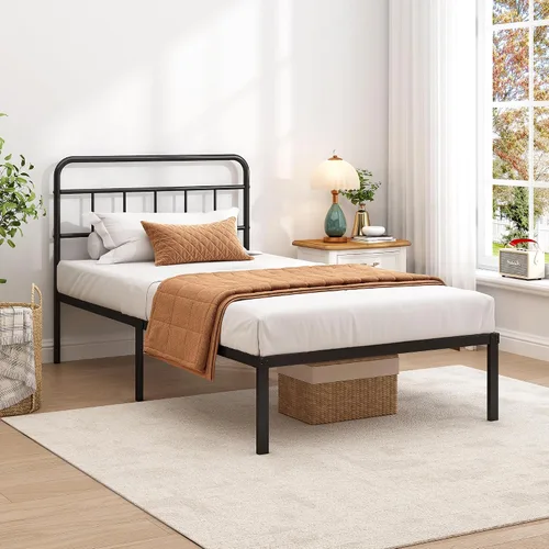 Miniatura 4 de Base de cama individual con cabecera clásica, soporte de listones de metal resistentes, espacio de almacenamiento debajo de la cama, no necesita