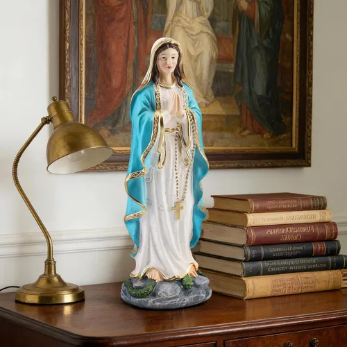 Miniatura 6 de Estatua de la Virgen María rezando con rosario – Estatua católica de resina de Nuestra Señora de Lourdes, figura de la Virgen María para sala