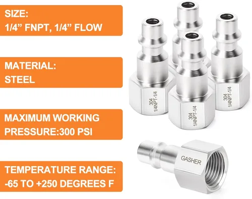 Miniatura 4 de GASHER 5 piezas de ajuste de herramienta de aire industrial de acero inoxidable 304 NPT hembra de 1/4 pulgada, tapones neumáticos de alto flujo