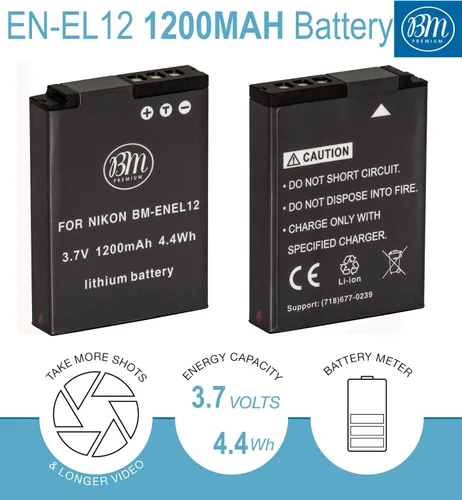 Miniatura 2 de BM Premium EN-EL12 Batería y cargador para Nikon Coolpix A1000 B600 W300 A900 AW100 AW110 AW120 AW130 S6300 S8100 S8200 S9050 S9200 S9300 S9300 S99