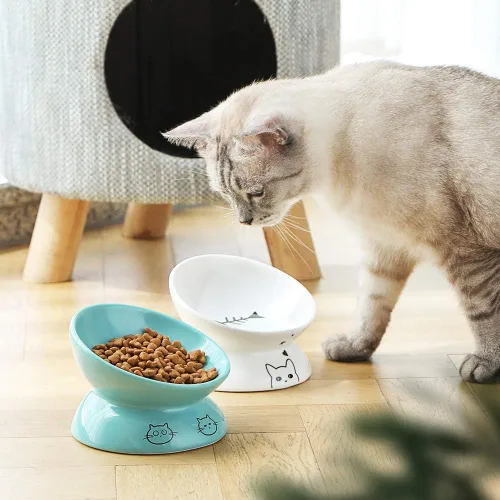 Miniatura 4 de Sweejar Cuencos elevados de cerámica para gatos, platos inclinados para alimentos o agua, cuenco elevado de porcelana para mascotas, protege