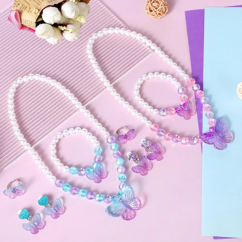 Miniatura 3 de 2 juegos de joyería de princesa para niñas pequeñas, juego de joyería de mariposa para niños, collares elásticos, pulseras, anillos y pendientes