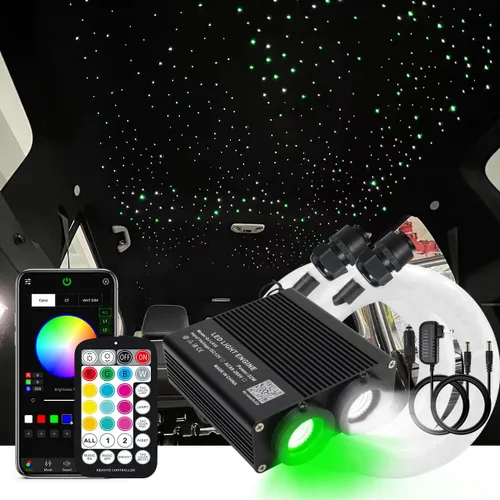 AKEPO - Luces de fibra óptica de doble cabezal RGBW de 32 W, control de aplicación de diferentes colores, 750 piezas de fibras ópticas mixtas en 9.8