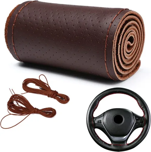 Miniatura 11 de Funda para volante de automóvil, ajuste universal, punto redondo, funda fina de piel sintética cosida en volante de automóvil de 15 pulgadas (negro)