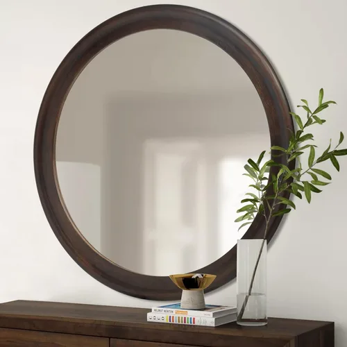 Miniatura 10 de CULER Espejo Redondo de 36 Pulgadas, Espejo de Pared Templado Rústico de Baño con Marco de Madera de Nogal, Espejos Circulares de Madera