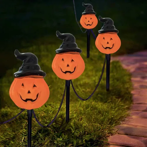 Miniatura 10 de Luces de Halloween para caminos al aire libre, 7 pies, luces de estaca de calabaza de Halloween con 4 bombillas LED C7 transparentes