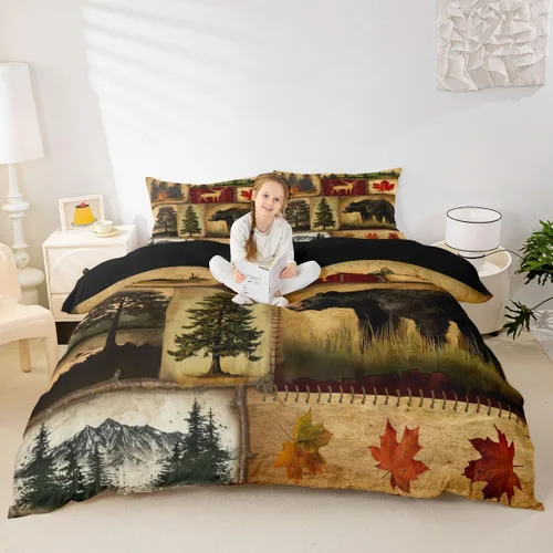Miniatura 5 de Funda de edredón rústica tamaño Queen, juego de ropa de cama retro para cabaña de cabaña, oso de caza, ciervo, hojas de arce, funda de edredón