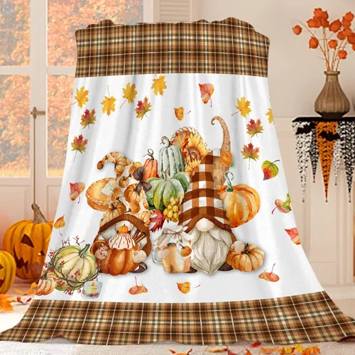 Miniatura 12 de JOOCAR Manta de franela de otoño con diseño de hojas de arce de dibujos animados, gnomo de otoño, naranja, acogedora manta de felpa suave para cama