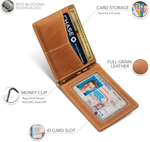 Miniatura 36 de Serman Brand RFID billetera de bloqueo Slim Bifold – cuero genuino minimalista bolsillo frontal carteras para hombres con clip para dinero, cartera