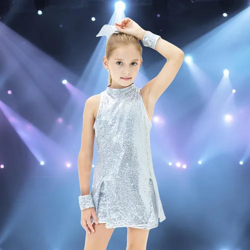 Miniatura 6 de Vestido de baile de lentejuelas para niñas, disfraz de baile de jazz, trajes de hip hop, sin mangas, vestido de baile brillante y pantalones cortos