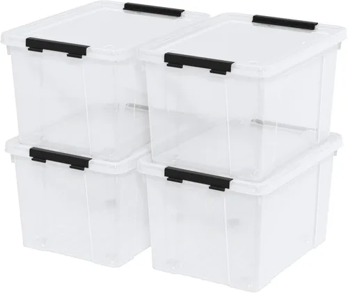 Paquete de 4 contenedores de almacenamiento de plástico con tapa, bolsa apilable con pestillo, 35 cuartos de galón, transparente