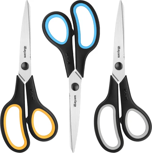 Tijeras multipropósito iBayam de 8 pulgadas, paquete de 3 unidades de alta resistencia, 2.5mm de grosor, hoja ultra afilada con mangos de agarre