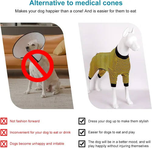Miniatura 6 de LovinPet - Pijama y camiseta de algodón puro para perros gigantes, diseño a rayas de color amarillo y negro, de 4 patas, protección que cubre todo