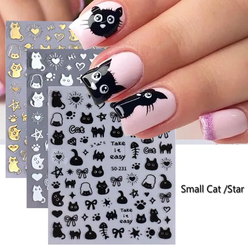 Miniatura 4 de Calcomanías de uñas de gato, 8 hojas de calcomanías autoadhesivas 3D con diseño de gato dorado, plateado, negro, blanco, para niños, niñas, mujeres