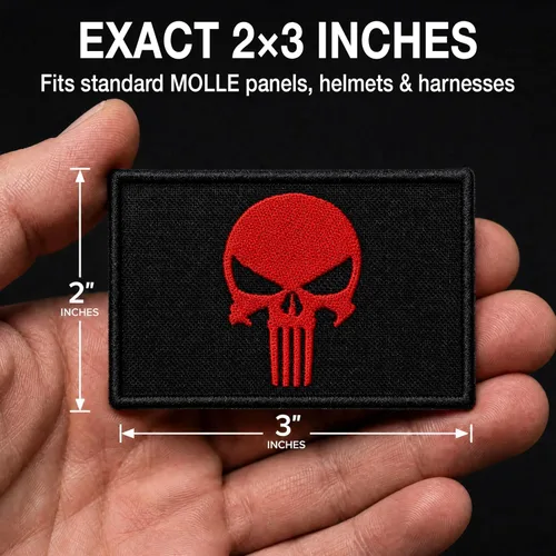 Miniatura 3 de Paquete de 2 parches de calavera roja bordados con gancho y bucle, parches militares tácticos para transportador de placas, mochila, casco, arnés