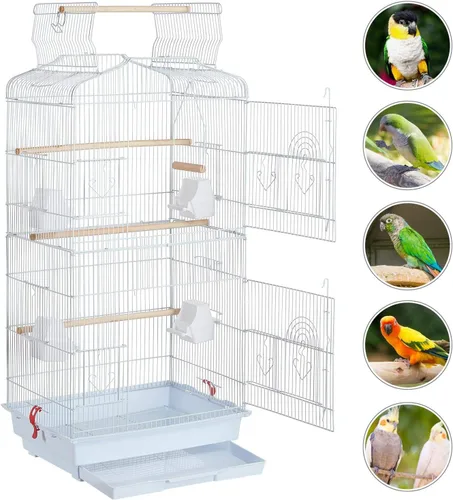 Miniatura 9 de Yaheetech Jaula para pájaros de 41" de tamaño mediano con parte superior abierta, para periquitos, cacatúas, loros con cuello de anillo indio, Blanco