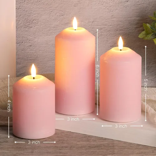 Miniatura 2 de Juego de 3 velas de pilar sin llama color rosa con control remoto, velas LED de cera real que funcionan