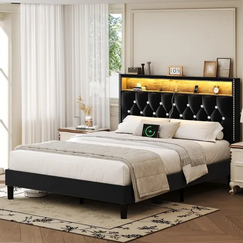 Miniatura 8 de HOMBCK - Base de cama de tamaño matrimonial con estación de carga y cabecera de almacenamiento, marco de cama tapizado de terciopelo con luces LED