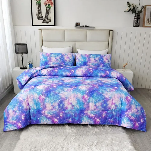 Miniatura 8 de SDIII Juego de edredón de 3 piezas azul de la galaxia tamaño matrimonial, edredón suave de microfibra ligero azul y rosa espacial tamaño Galaxia 1