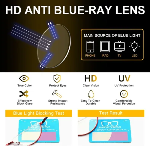Lentes de lectura de media luna, anti luz azul, rayos UV, medio marco semi lente delgado con bisagra de resorte con funda para hombres y mujeres
