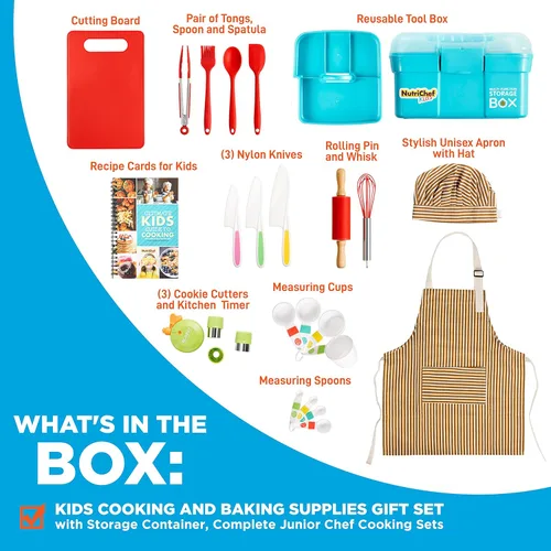 Miniatura 4 de NutriChef Juego de cocina y horneado para niños, juego completo de cocina para niñas y niños, incluye delantal de pequeño chef. Suministros