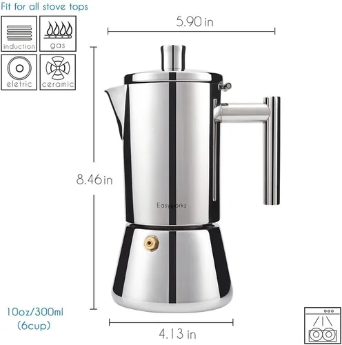 Miniatura 2 de Easyworkz Diego - Cafetera de café expreso para estufa, 6 tazas de 10 onzas, con mango largo hueco de acero inoxidable, cuchara medidora de 0.27