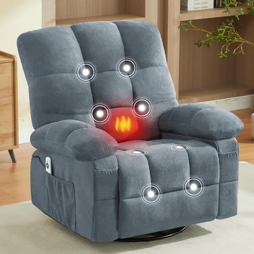 Blue 360° Massage Swivel Recliner Chair with Vibration Massage and Lumbar Heating for Adults, Oversized Rocking Recliner Chair with Side Pocket and