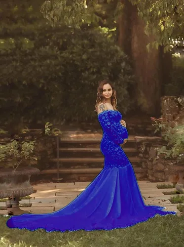 Miniatura 7 de ZIUMUDY Vestidos de maternidad de encaje con hombros descubiertos para sesión de fotos, vestido de fotografía envuelto de manga larga con cola larga