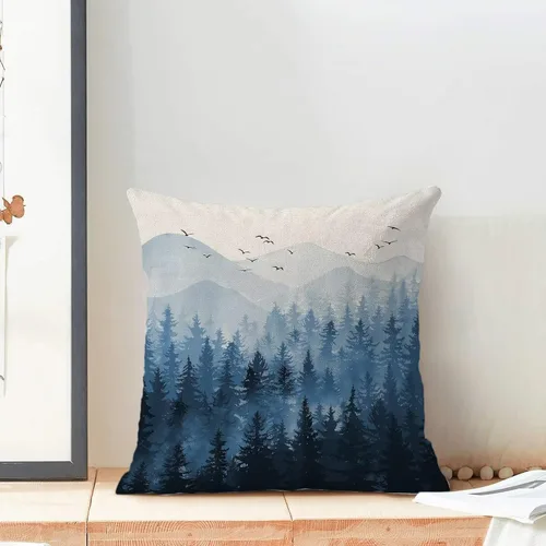 Miniatura 3 de Fundas de Almohada Navideñas 16 x 16 Pulgadas Juego de 2 Azul Marino Blanco Bosque Brumoso Fundas de Cojines Decorativos Exterior Casa Rural Lino