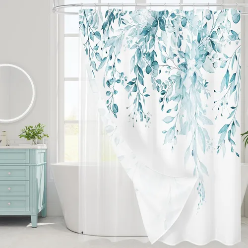 Miniatura 52 de Gibelle - Cortina de ducha de eucalipto marrón, hojas de plantas de acuarela con diseño floral, juego de cortina de ducha con ganchos, 72 x 72