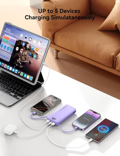 Miniatura 4 de Cargador ultraportátil de 10000 mAh con cables integrados y enchufe de pared de CA, cargador de teléfono celular de carga rápida PD20W USB-C, Púrpura