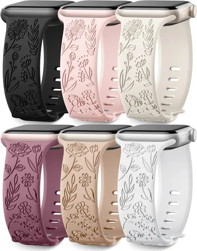Miniatura 15 de SNBLK Paquete de 6 correas florales grabadas compatibles con Apple Watch de 40mm 41mm 42mm 38mm 44mm 45mm 46mm 49mm, mujeres y hombres, correa