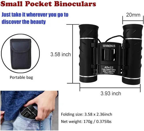 Miniatura 6 de Prismáticos pequeños compactos de 40 x 22 para adultos y niños, prismáticos de bolsillo ligeros para observación de aves, viajes, conciertos