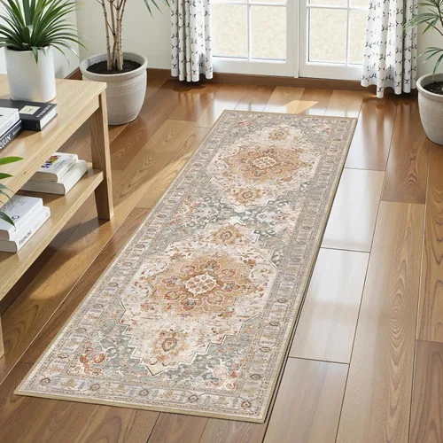 Miniatura 27 de Alfombra de Área Lavable 2'6'' x 8' Alfombra Persa Tradicional Vintage - Alfombra Plegable Desgastada Antideslizante Lavable a Máquina para Sala