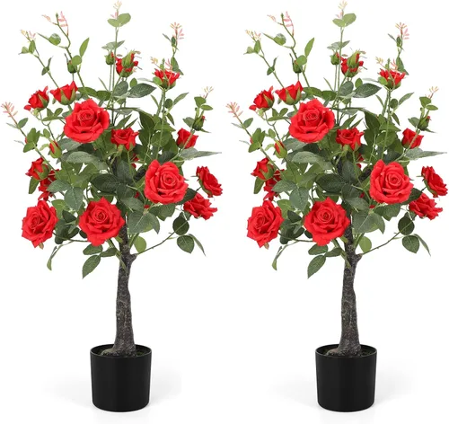 Miniatura 16 de Romantic Season 2FT Orange Artificial Camellia Tree 2Pack, Faux Camellia Plant Fake Potted Camellia Flower Tree for Modern Home Office Living Room