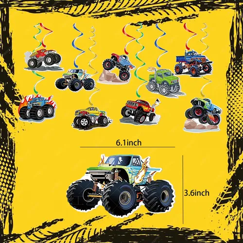 Miniatura 2 de Decoraciones de cumpleaños de Monster Truck incluyen 2 manteles, pancarta de cumpleaños, remolinos colgantes, calcomanías y guirnalda (Monstertruck)