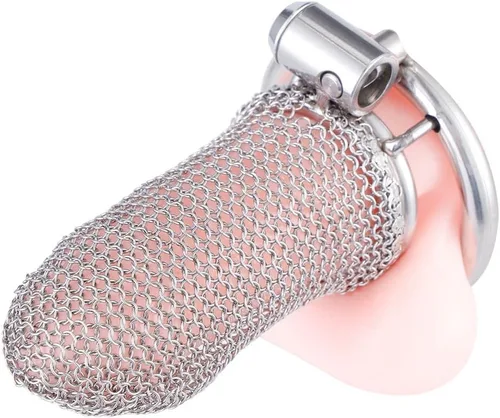 Miniatura 7 de Jaula de castidad masculina, dispositivo de castidad de malla metálica flexible para el pene con anillo de 1.772 in, juguete sexual para adultos