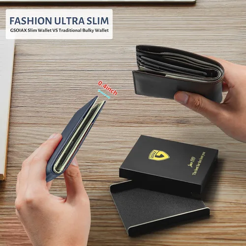 Miniatura 17 de GSOIAX Cartera delgada de cuero plegable RFID para hombre, billetera minimalista con bolsillo frontal con clip para dinero, 12 ranuras para Negro