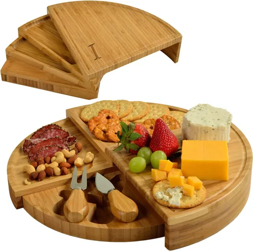 Miniatura 24 de Tabla Picnic at Ascot de bambú, para aperitivos, con herramientas para queso, espirales de una cuña compacta de 13 pulgadas de diámetro, patentado