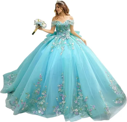 Mauuwy Vestidos de quinceañera florales en 3D, vestido de baile de tul brillante hinchado, dulce 16 vestidos de encaje con hombros descubiertos