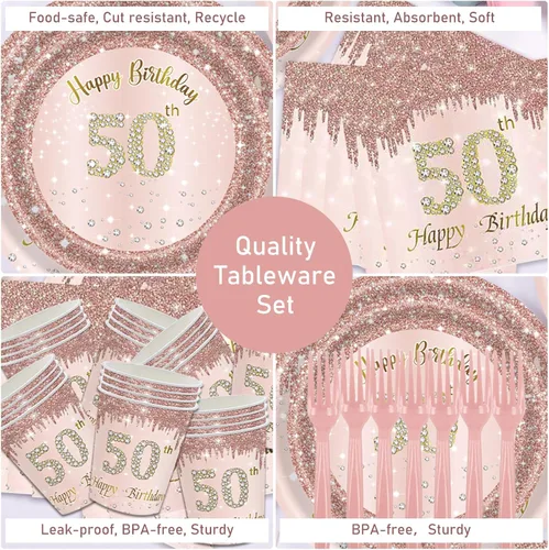 Miniatura 5 de 121 piezas de suministros para fiesta de cumpleaños número 50, platos, servilletas, vasos, tenedores, mantel, color oro rosa, con temática de feliz