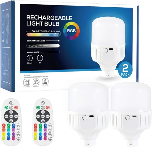 PASSICA DECOR Juego de dos bombillas LED recargables con control remoto, 12 colores RGB y 3 modos de luz, bombillas regulables que funcionan con