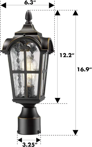 Miniatura 6 de Emliviar WE215P BG - Luces vintage para exteriores de 17 pulgadas, acabado negro con bordes dorados, pantalla de vidrio de agua, WE215P BG