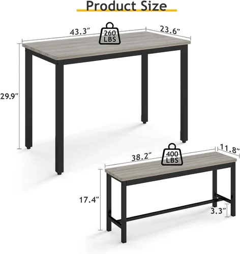 Miniatura 7 de Rovibek - Juego de mesa de comedor y sillas para 4, mesa de cocina moderna que ahorra espacio con 2 bancos y pies ajustables, mesa de desayuno