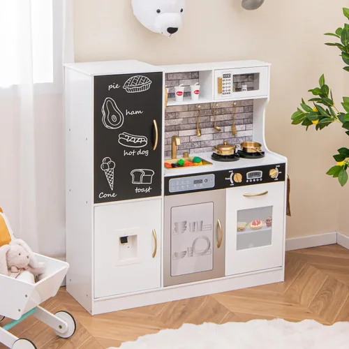Miniatura 6 de HONEY JOY Juego de cocina para niños de 39 pulgadas, juego de cocina grande de madera con pizarrón, teléfono, utensilios, horno, microondas