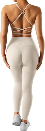 Miniatura 6 de OMKAGI Conjunto de entrenamiento acanalado para mujer, sin costuras, brasier deportivo con tiras y levantamiento de glúteos