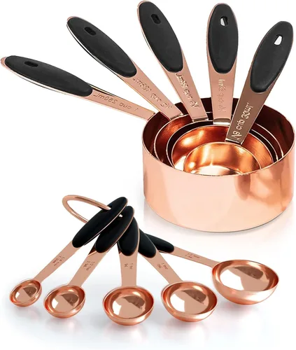 Miniatura 11 de Joyhill Juego de 10 piezas de tazas y cucharas medidoras de acero inoxidable, juego de tazas medidoras de metal anidadas con mangos de silicona